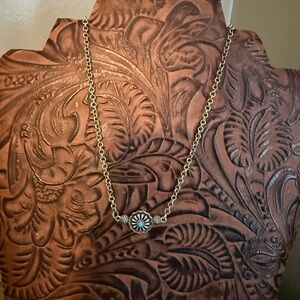 Faux Silver Daisy Pendant Necklace with Turquoise Accent - Women's Jewelry